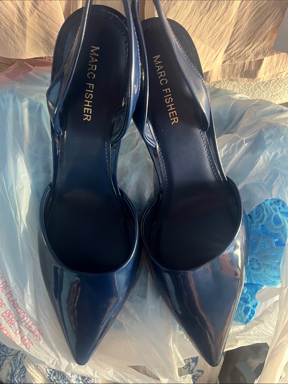 Marc Fisher Navy Patent Pointed-Toe Slingback Heels